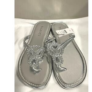 NWT Talbots Cece Thong Sandals Size 7 Womens Silver Slip On Braided Metallic